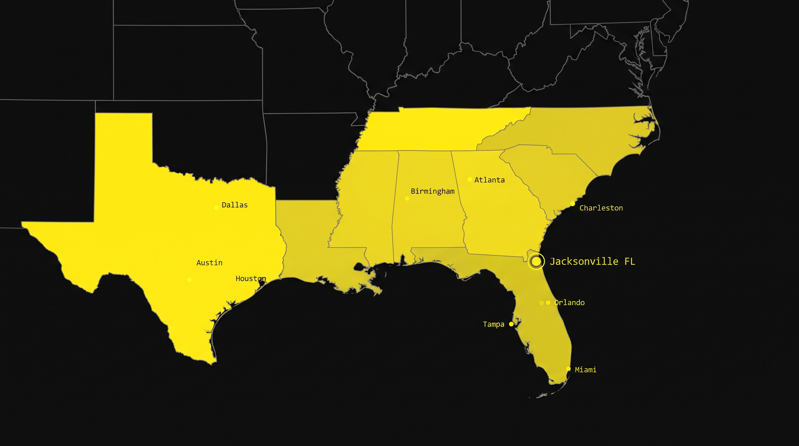 Map of 820 Group's coverage across the US Southeast — Texas, Louisiana, Mississippi, Alabama, Georgia, Florida, South Carolina, North Carolina and Tennessee, with anchor cities Jacksonville (headquarters), Orlando, Tampa, Miami, Houston, Dallas, Austin, Atlanta, Birmingham and Charleston.